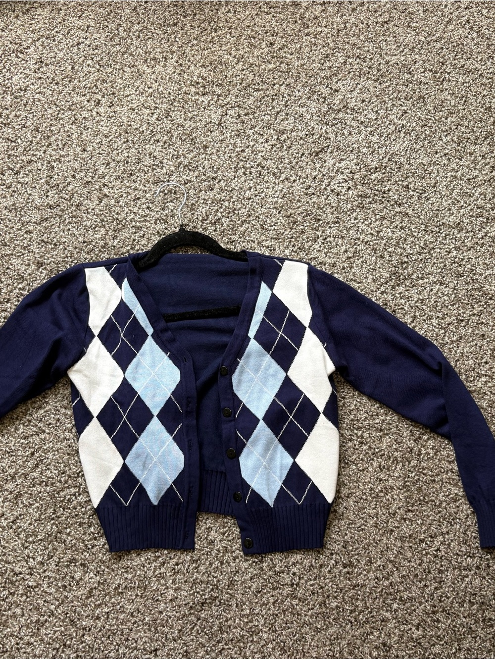 Navy Blue Argyle Button-Up Cardigan
